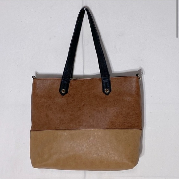 SOLD-Steve Madden Two Tone Brown Tan Leather Tote Bag Shoulder Bag - Picture 2 of 16
